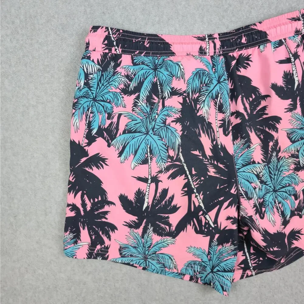 SURFCUZ Mens Medium Pink Swim Trunks Black Blue Palm Tree Pattern Drawstring